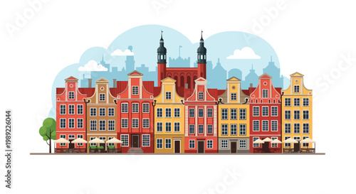 Beautiful row of traditional colorful townhouses with unique architecture and ground floor cafes under a clear sky with soft clouds.