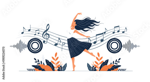 Gracious woman dancing alone surrounded by a swirl of musical notes and stylized leaves expressing artistic freedom and harmony.