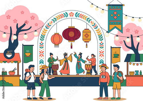 People gather at a vibrant festival with cherry blossoms and lanterns