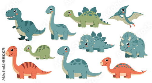 Diverse collection of colorful cartoon dinosaurs including t-rex triceratops and brontosaurus for children books and education.