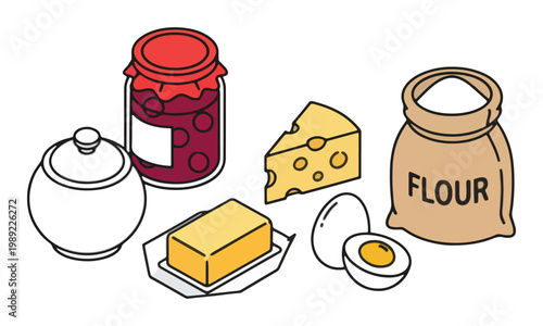 Baking ingredients with flour egg butter and jam on white background