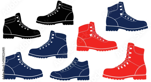 Collection of Hiking Boots in Black, Blue, and Red Colors