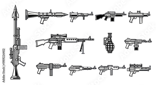 Collection of Military Weapons and Firearms Icons - Vector Illustration