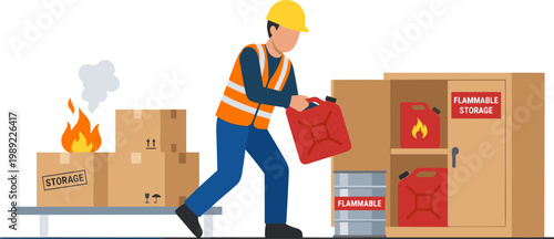 Man in hard hat extinguishing warehouse fire with fire extinguisher