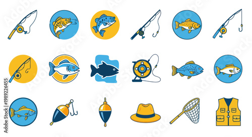 Fishing Icons Set: Rods, Fish, Lures, Hat, Net, Vest, Floats