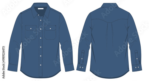 Front and Back View of a Blue Denim Shirt, Casual Wear, Fashion Mockup