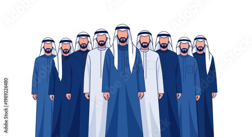 Group of Emirati Men in Traditional Kandura and Ghutra Standing Together
