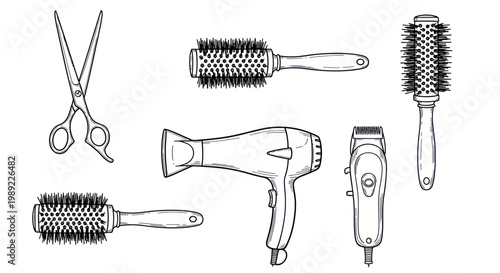 Hair Styling Tools: Scissors, Hairdryer, Brushes, Clipper - Hand Drawn Sketch