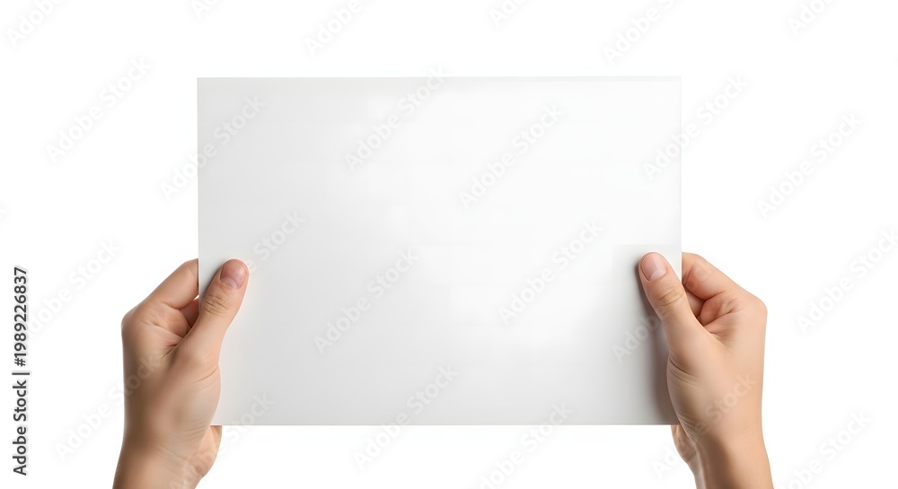 Fototapeta premium Hands holding a blank white paper sheet isolated on white background