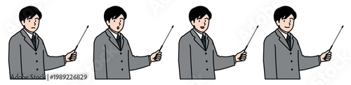 指示棒を持って説明しているスーツを着た男性の上半身ベクターイラストセット