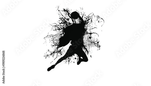 Dancer silhouette performs an expressive jump surrounded by abstract ink splashes and artistic splatters that convey movement and creativity on a solid white surface for professional design layouts.