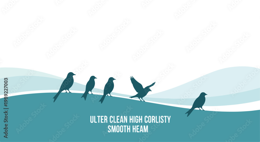 Fototapeta premium Minimalist bird silhouettes on teal landscape, five wild birds perched on wavy horizon, clean vector illustration for nature background