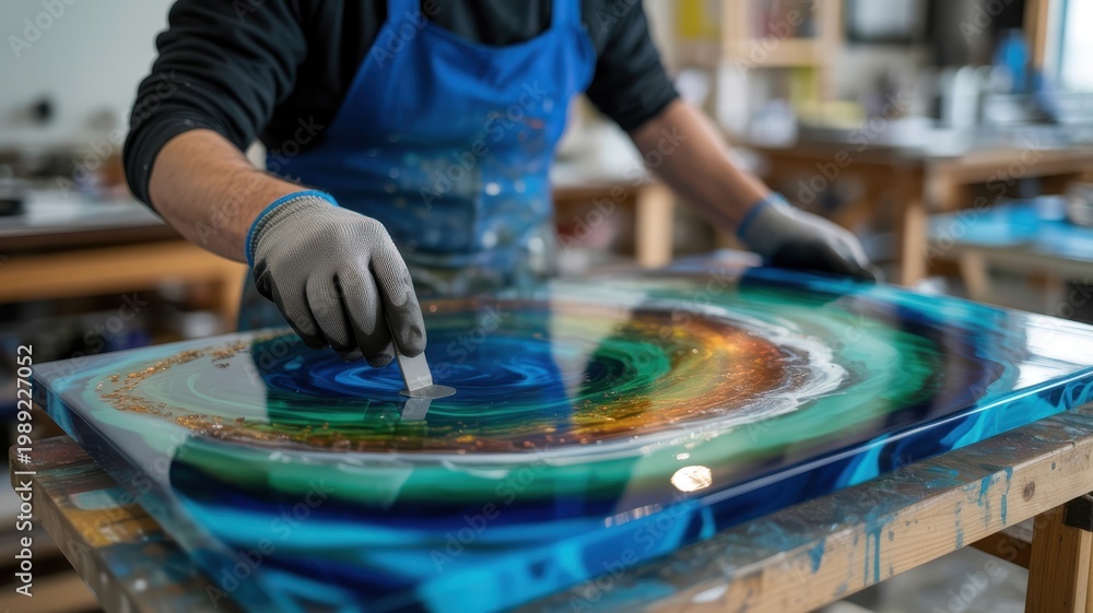 Obraz premium Artist creating abstract resin art with swirling colors and metallic flakes