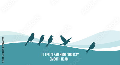 Minimalist bird silhouettes on teal landscape, five wild birds perched on wavy horizon, clean vector illustration for nature background