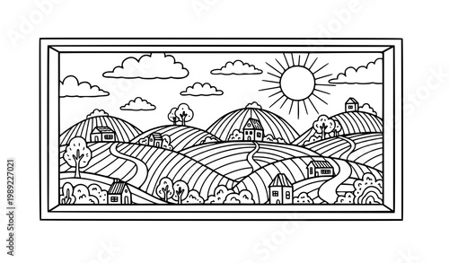 Doodle landscape in window frame coloring page hand drawn vector for adults relaxing activity