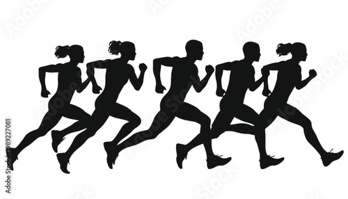 Runners silhouettes move forward in a synchronized rhythmic pattern representing physical fitness and endurance training while set against a clean white backdrop that allows for versatile graphic.