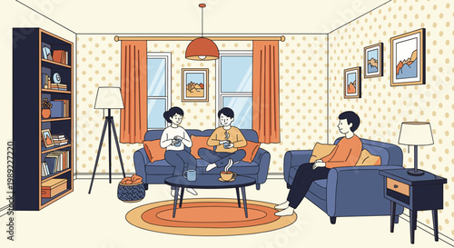 Cozy living room interior showing a group of friends relaxing on sofas and drinking coffee in a domestic space with a bookshelf and decor.
