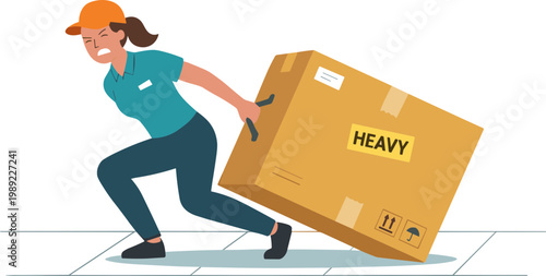 Woman struggles to move a heavy cardboard box across the floor indoors