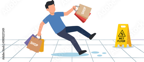 Man slips on wet floor while carrying shopping bags and coffee