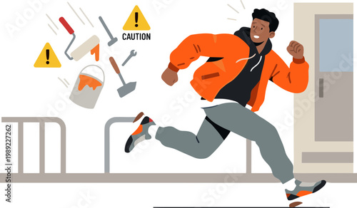 A man runs quickly past warning signs and tools outside an industrial building.