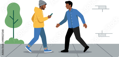 Two men walking on a sidewalk together in an urban environment