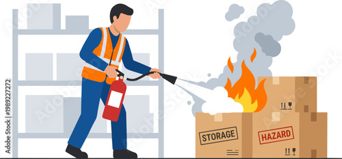 Man extinguishing fire on burning boxes in warehouse storage area.