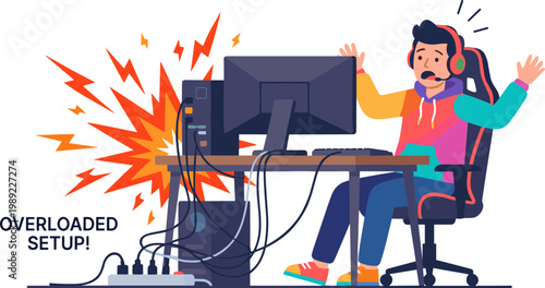Overloaded computer setup causes frustrated gamer to react wildly at desk