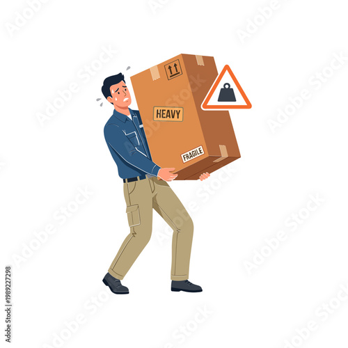 Man struggles to carry a large heavy box with warning signs