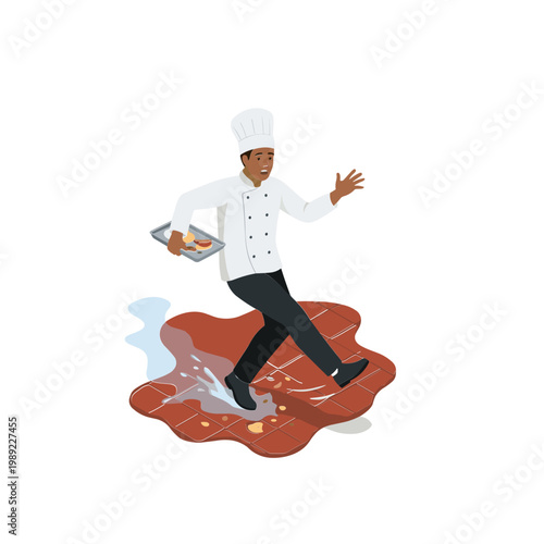 A chef wearing a white hat and coat runs quickly through a messy kitchen with a plate.