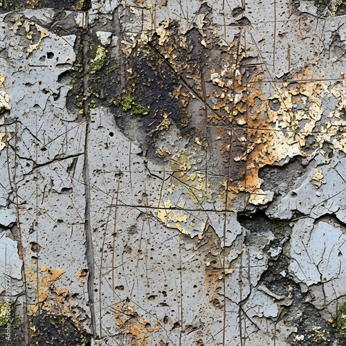 Cracked white wall with green ivy growth and autumn leaves texture background