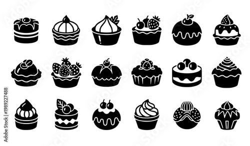 Mini cakes and dessert silhouette icon vector set with petit fours mousse tarts and chocolate sweets in bold black style