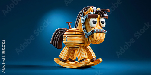 Stylized 3D Wooden Rocking Horse Toy With Expressive Character Design