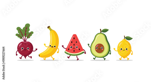 Selection of cheerful cartoon characters representing different fruits and vegetables like a beet banana and avocado walking in a row.