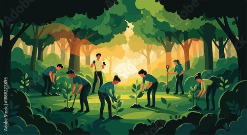 Eco-friendly community planting trees in forest, diverse volunteers reforestation project, sustainable environmental conservation vector illustration