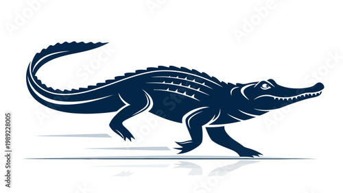 A dark blue silhouette of a crocodile walking on a white background