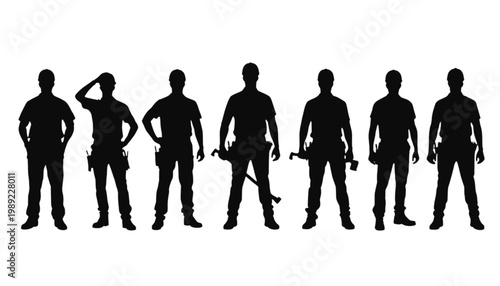 Construction workers stand in a professional line to represent a skilled team of laborers ready for a new building project while offering plenty of clean copy space for your custom design elements.