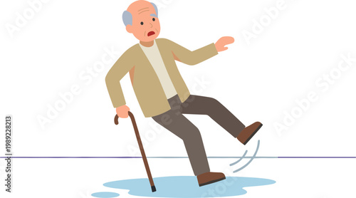 Elderly man slipping on wet floor with cane in hand indoors