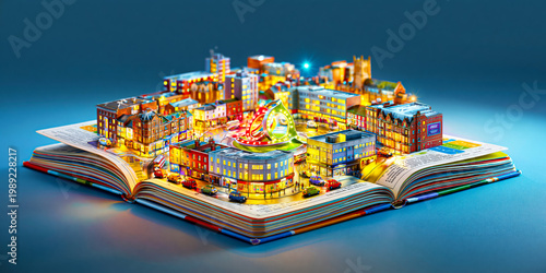Miniature City Model Popping Up From Open Book in Creative Concept