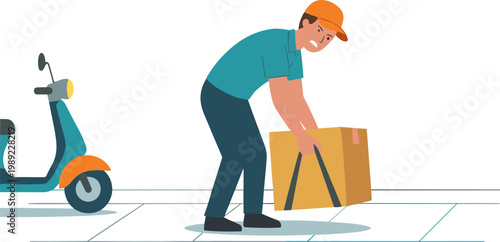 A delivery person picking up a box beside a scooter on the sidewalk.