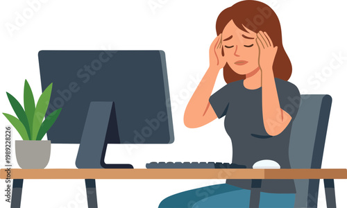 Woman stressed at desk with computer and plant indoors