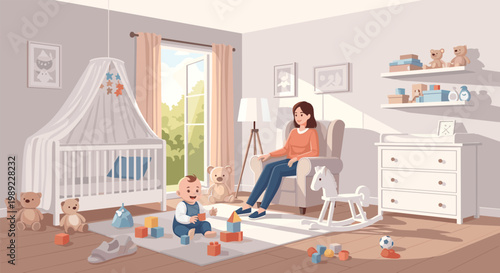 Peaceful nursery room interior featuring a mother in an armchair while her baby plays with colorful blocks near a white wooden crib.