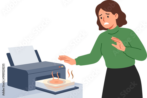Woman reacts to burning paper in office printer with concern and caution
