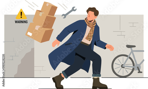 Man runs from falling boxes beside bicycle in urban setting