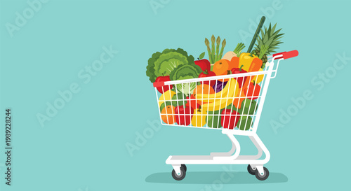Full shopping cart overflowing with a colorful variety of fresh fruits and vegetables representing healthy grocery shopping and diet.