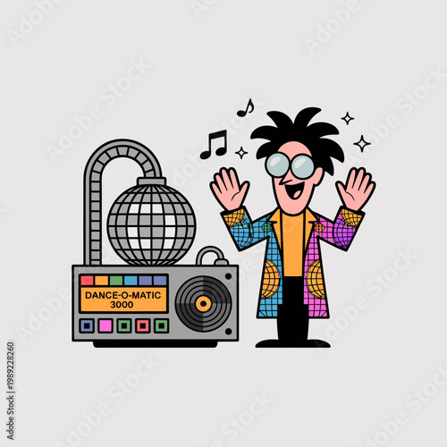 Man Dancing beside Retro Disco Boombox with Music Notes