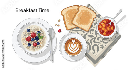 Overhead view of a breakfast table set with a bowl of berry oatmeal toast fruit and a cup of coffee with a beautiful heart latte art.