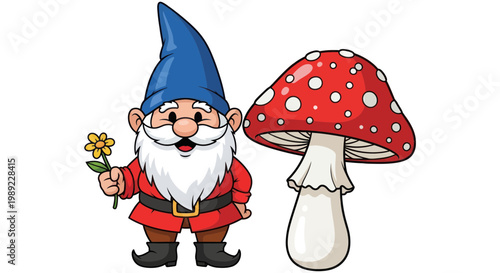 Cartoon Garden Gnome Holding Flower Beside Fly Agaric Mushroom
