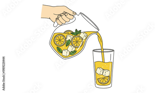 Hand pouring lemonade with ice and mint from pitcher to glass