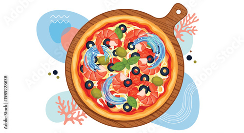 Appetizing seafood pizza topped with shrimp and olives served on a rustic wooden board with a creative decorative background.
