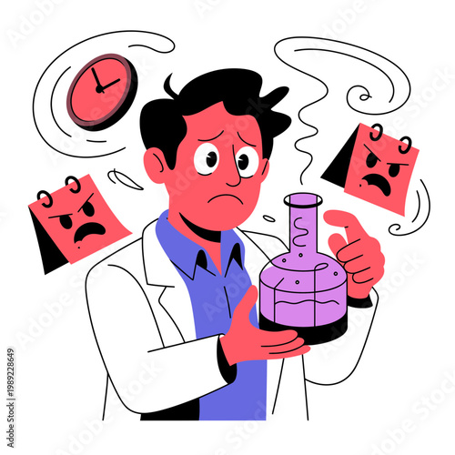 Stressed Scientist Holding Purple Beaker with Frowning Calendars and Clock